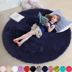 Dark Navy Round Rug 6Ft for Living Room Boys Bedroom, Fluffy Furry Fuzzy Plush by Amdrebio