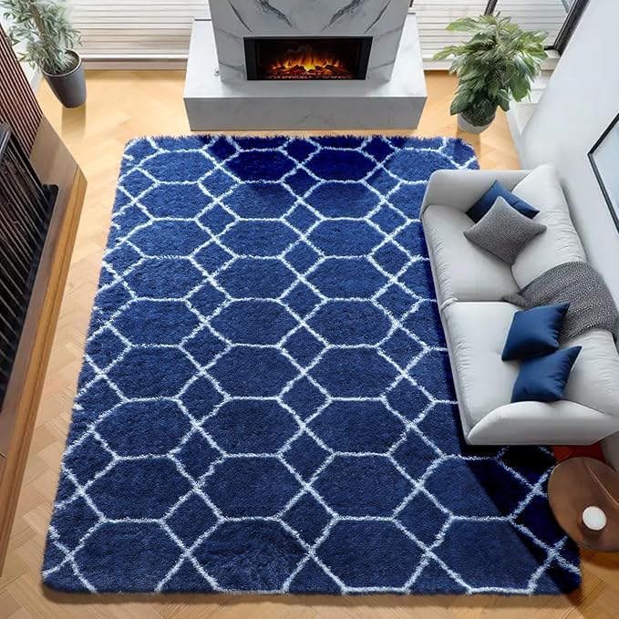 ONASAR Large 6x9 Area Rugs for Living Room, Fluffy Geometric Navy and White Rug - Image 5