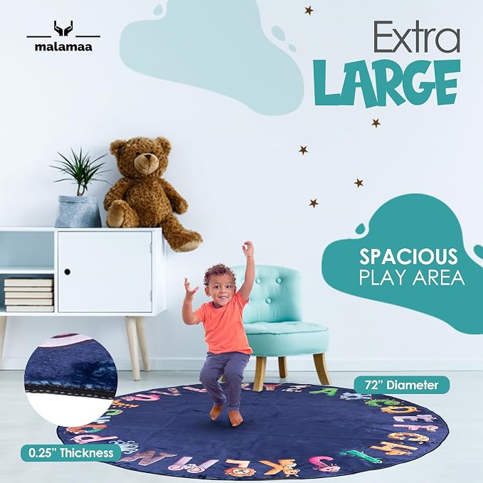 ABC Alphabet Rug for Kids – 6 ft Round Blue Play Mat for Toddlers & Babies - Image 6