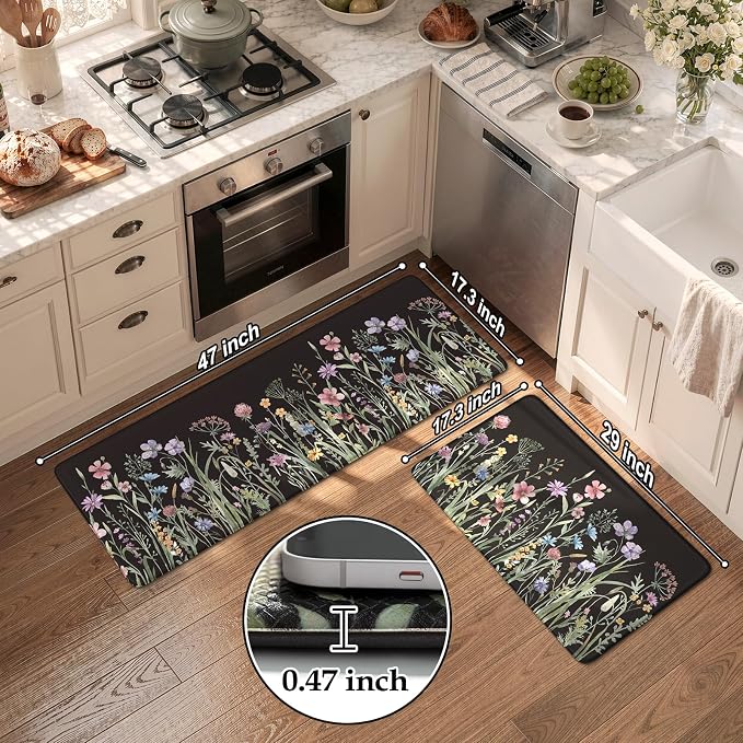 KIMODE Anti Fatigue Mats for Kitchen Floor 17"x47"+17"x29", Farmhouse Floral - Image 3