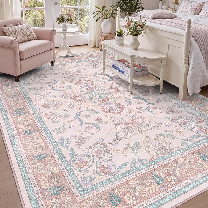 DCX 4x6 Pink Vintage Floral Rug, Machine Washable Non Slip Low Pile Carpet by DCXWashableRug