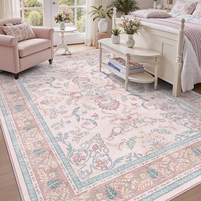 DCX 9x12 Pink Vintage Floral Rug, Machine Washable Non Slip Low Pile Carpet by DCXWashableRug