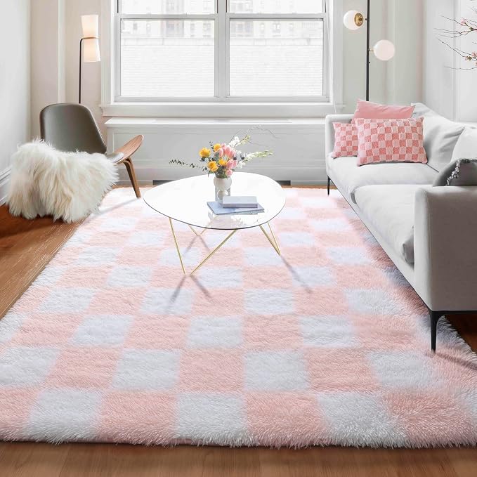 KICMOR 5x7 Area Rugs for Living Room, Fluffy Soft Light Pink and White - Image 7