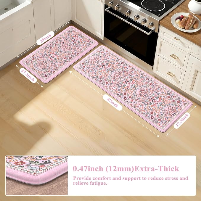 Collive Kitchen Mats for Floor, Cushioned Anti Fatigue Mat Pink Floral Rugs 2 - Image 2