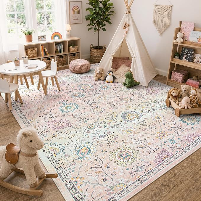 Lahome Pink Boho Area Rug, 8x10 Washable Rugs - Image 8