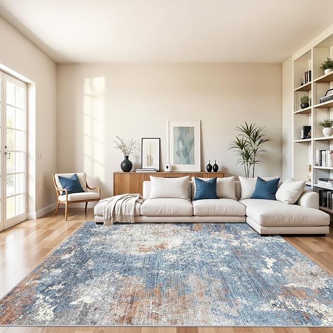 8x10 Washable Living Room Rug – Modern Neutral Abstract Large Area Rug by BYYVOORugsforYourHome