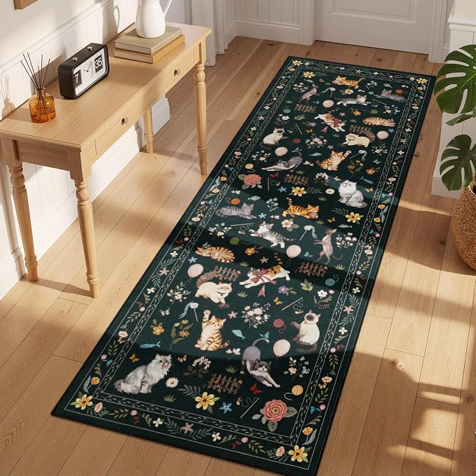 Unirea 2.6x8 Black Cat Runner Rug, Washable Non Slip Botanical Rug - Image 6