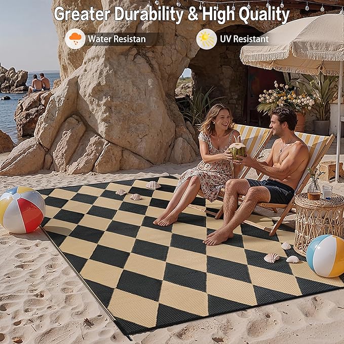 Outdoor Plastic Checkered Rug Waterproof Patio 6x9 Black Brown Diamond Geometry - Image 5