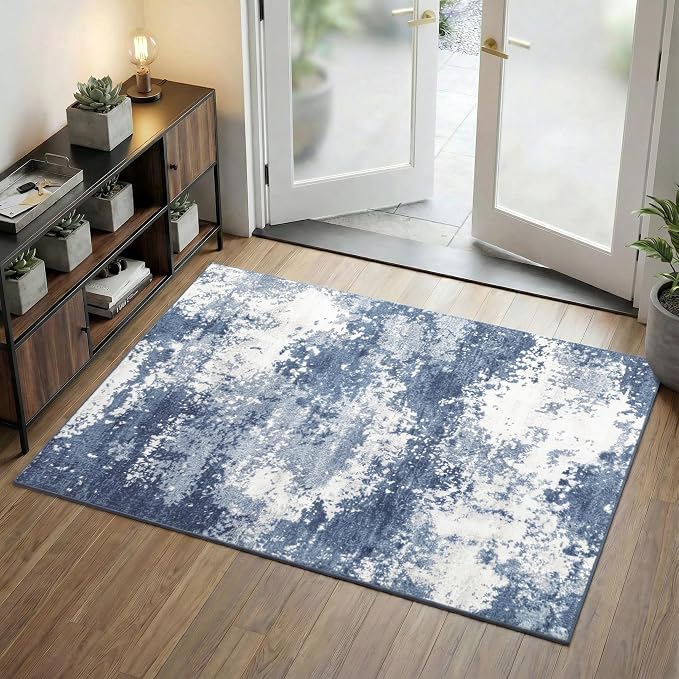 Entryway Rug 3x5 Blue Door Mat Indoor Entrance 36x60, Washable Small Throw Rugs by Acapet