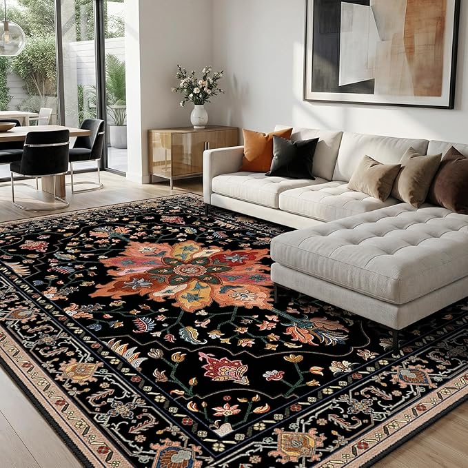 RELEANY Area Rugs 8'x10' Washable Non-Slip, Floral Vintage Distress Medallion by RELEANY