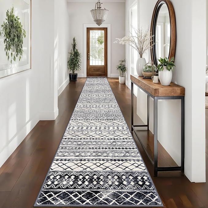 KUTA Boho Runner Rug for Hallway 2.6x16 Moroccan Washable Black Navy Blue Rugs by KUTA