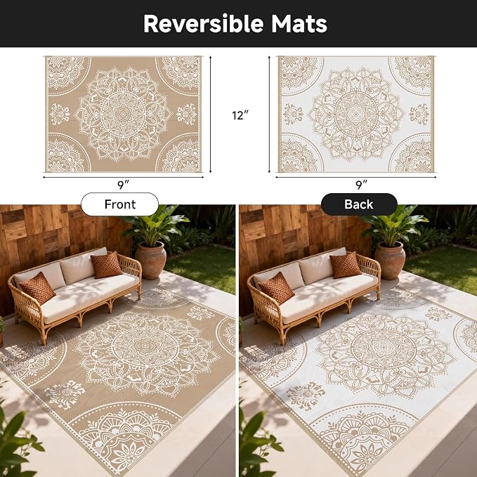 Pauwer Waterproof Outdoor Rug 9x12, Reversible Plastic Straw Patio Camping Rug - Image 2
