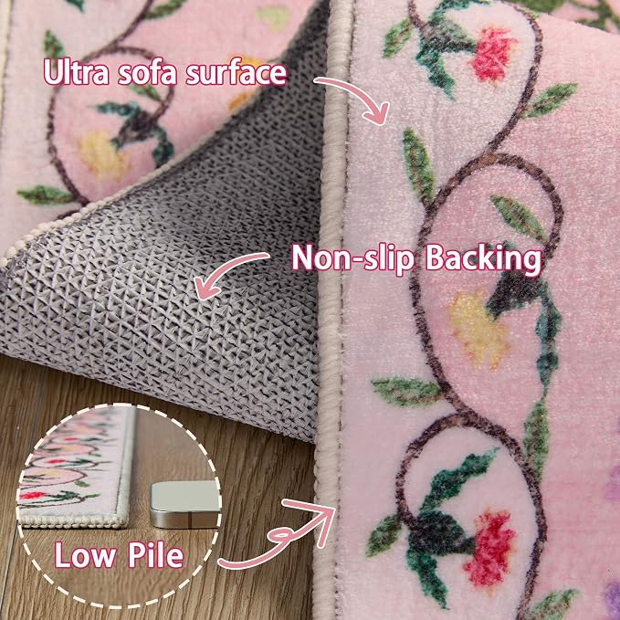 Latte&Fog Floral Entryway Area Rug, 2x3 Washable Pink Rugs - Image 7