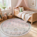 Lahome Girls Bedroom Pink Round Rug 6ft, Soft Washable Floral Circle Rug - Image 3
