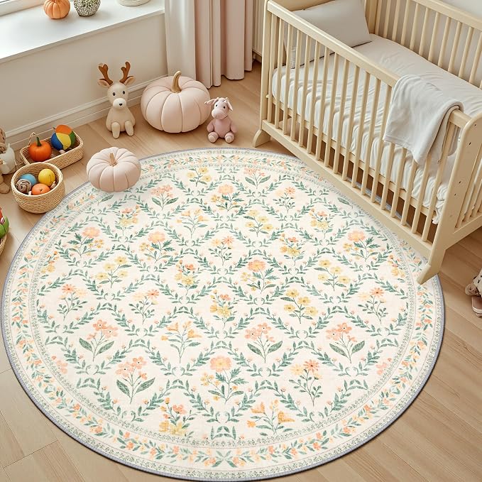Round Area Rug for Living Room: 6 ft Floral Washable Circle Rug Soft Non-Slip - Image 5