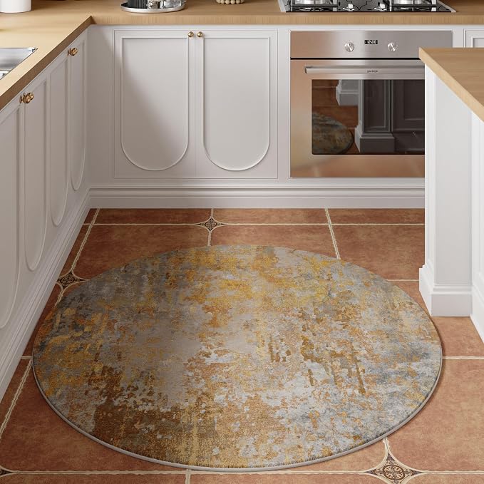 Beige Gold Round Area Rugs 4ft Washable Circle Rug - Image 2