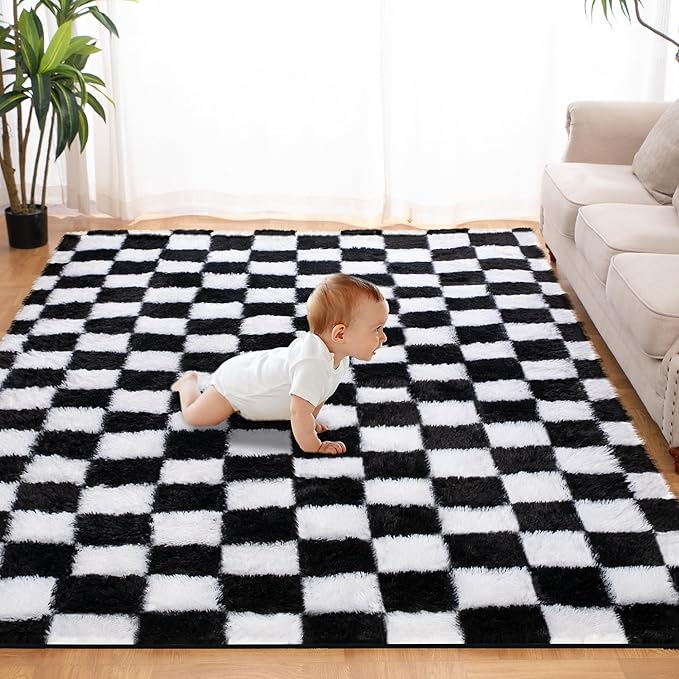 Super Soft Rug for Bedroom, 5x7 Ft Black and White Area Rug Classic Checkered by TOOHUB
