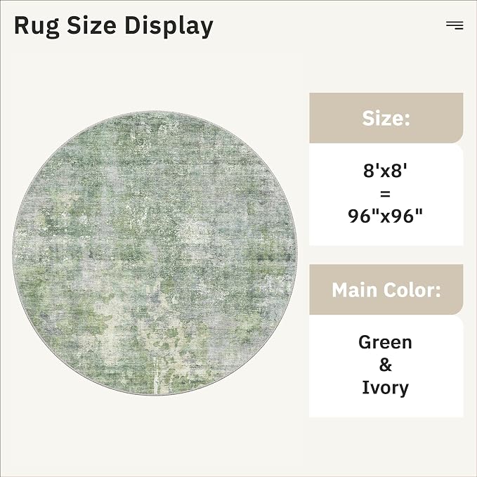Soalmost 8x8 Green/Ivory Round Rug 8ft Living Room Circle Rug Vintage Round - Image 5