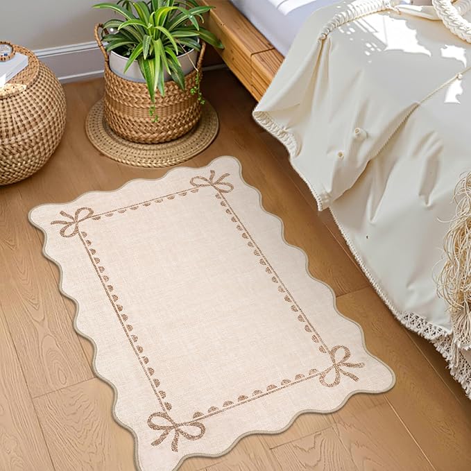GarveeHome Scalloped Bow Rug for Kitchen Floor, Solid Beige Rug for Dorm - Image 2