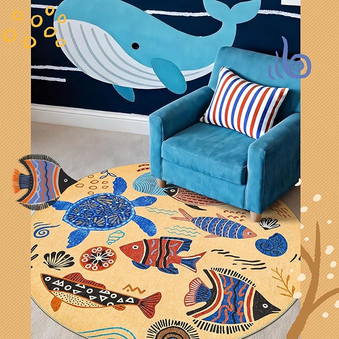 jinchan 4ft Coastal Round Rug Kids Washable Fun Rug Colorful Ocean Fish Small - Image 6