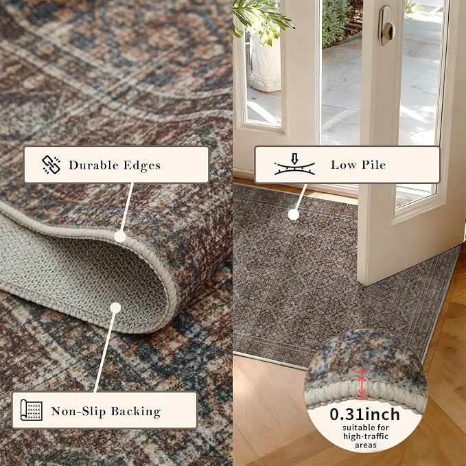Latte&Fog 3x5 Entryway Rug, Vintage Brown Washable Area Rug, Boho Non Slip Low - Image 5