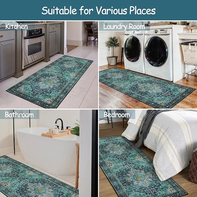 Moynesa Ultra-Thin Washable Teal Non Slip Bathroom Rug - Image 6