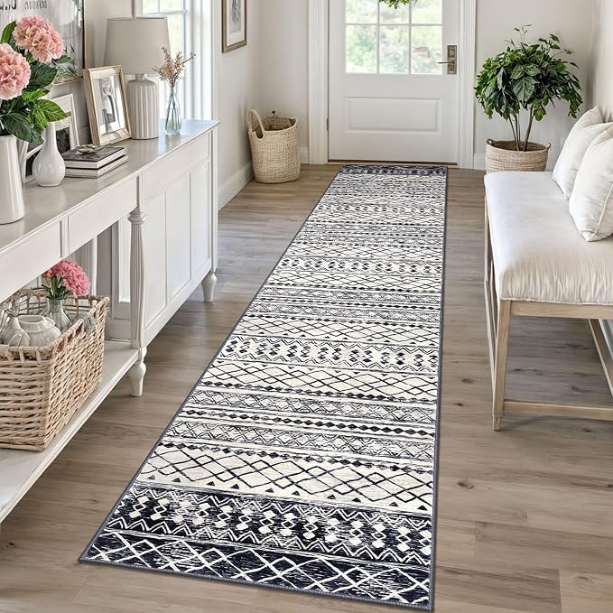 KUTA Moroccan Washable Runner Rug, 2x10 Non-Slip Vintage Black Navy Blue Boho by KUTA