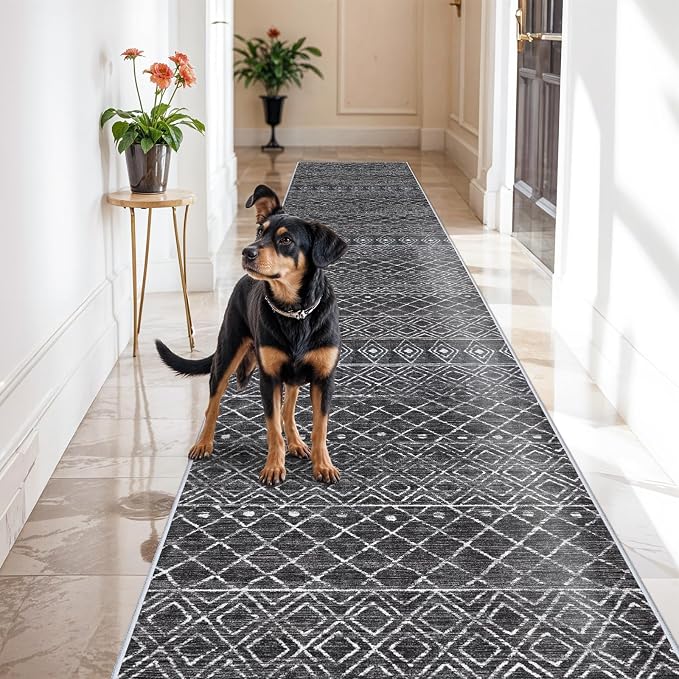 Black Moroccan Washable 3x16 Long Hallway Runner Rug | Soft Low Pile Thin by BYYVOORugsforYourHome