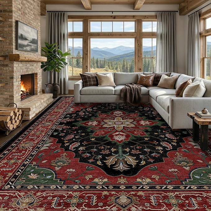 RELEANY Area Rugs Large 9'x12' Washable Non-Slip, Floral Vintage Distress by RELEANY