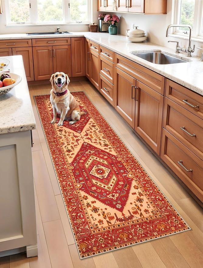 SERISSA Boho Washable Runner Rug, 2x6 Rug Runner Non-Slip Vintage Red Hallway by SERISSAHomeDecorCollection