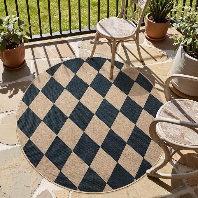 Lahome Colette Checkered Round Entryway Rug 4ft, Circle Indoor Outdoor Patio - Image 3