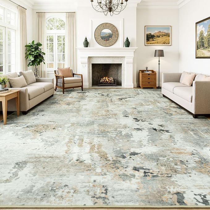 10x14 Area Rugs for Living Room, Abstract Neutral Large Washable Rug, Indoor by Carpelux