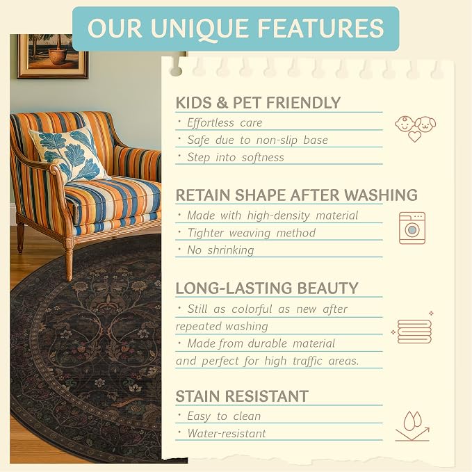 7ft Round Rug for Living Room, Moody Farmhouse Floral Circle Area Rug, Washable - Image 5