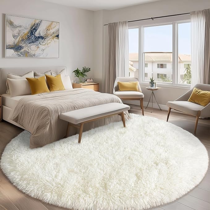 Round White Rug for Bedroom, 8 ft Circle Area Rugs for Living Room, Soft Large - Image 2