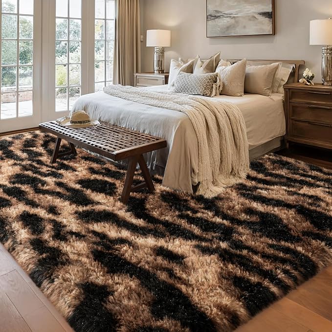 qulint Leopard Rug for Living Room, 5x7 Fluffy Carpet for Bedroom Soft Shaggy - Image 3