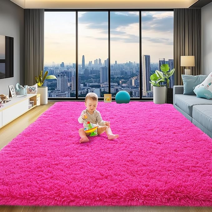 qulint Hot Pink Rug for Living Room 8x10, Soft Shag Fluffy Girl Rug for Bedroom by QULINT