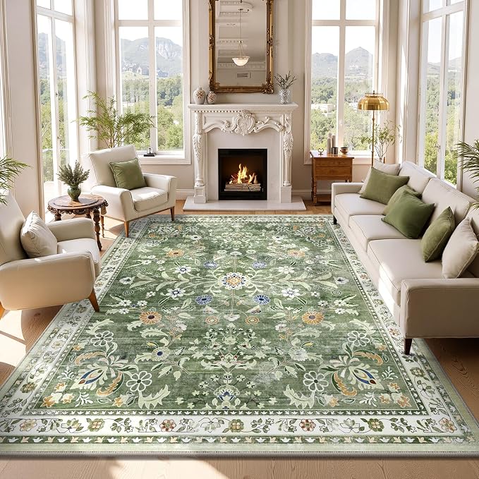 Yamaziot Washable Area Rug 8x10 – Large Non-Slip Boho Floral Living Room Rug - Image 3