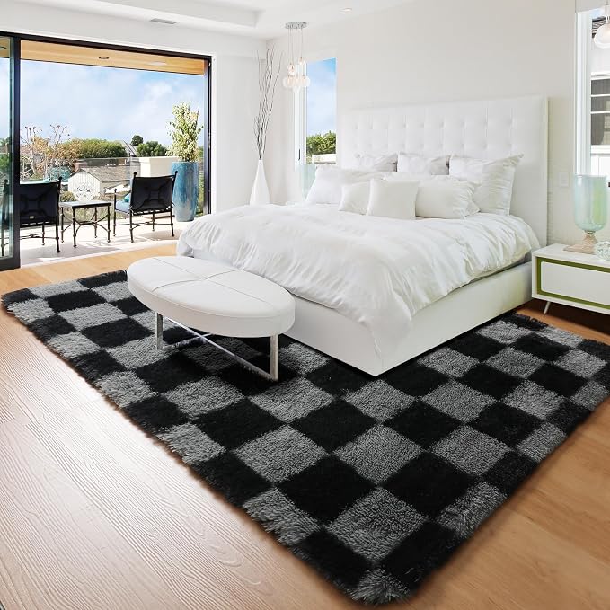 KICMOR Black and Grey Area Rug for Bedroom, 4x6 Fluffy Fuzzy Shag Checkered - Image 8
