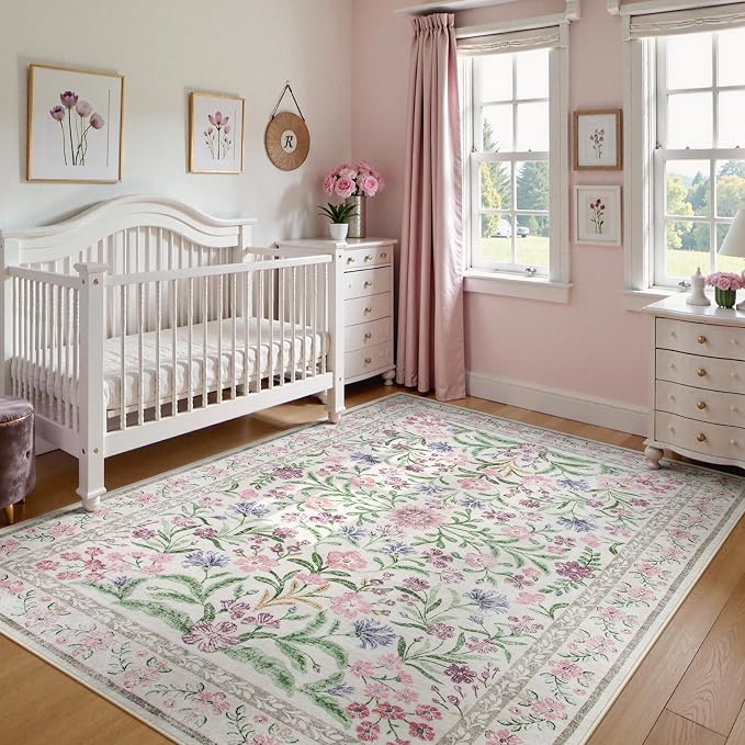 Wonnitar Boho Floral Area Rug 6x9, Washable Purple Rugs - Image 3