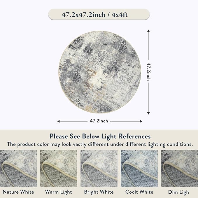 Lahome Modern Abstract Round Rug - 4Ft Grey Small Bathroom Rug Indoor 4x4 - Image 2