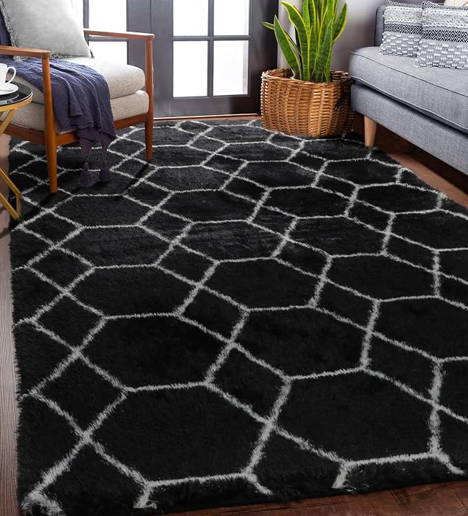 ONASAR Area Rugs for Living Room Bedroom, 5x8 Fluffy Black and White Rug - Image 6