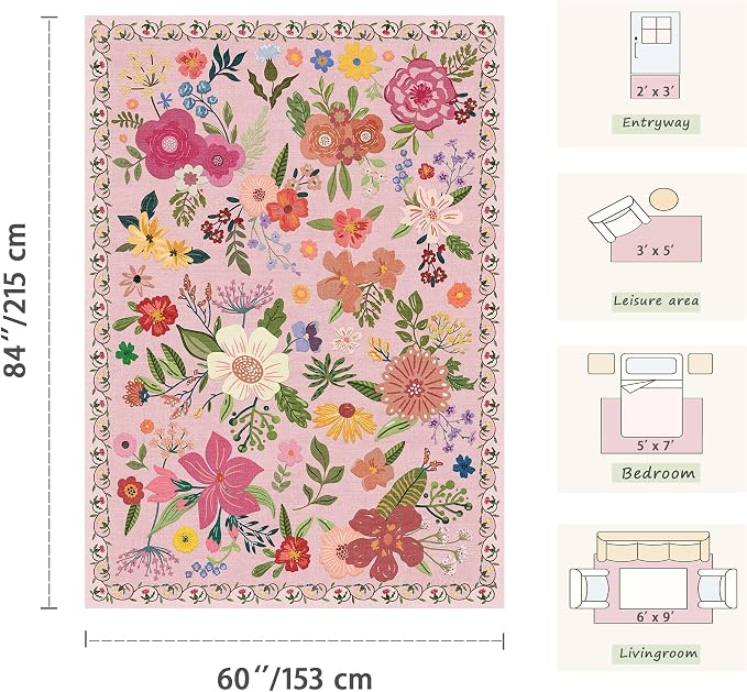 Latte&Fog Floral Entryway Area Rug, 2x3 Washable Pink Rugs - Image 2
