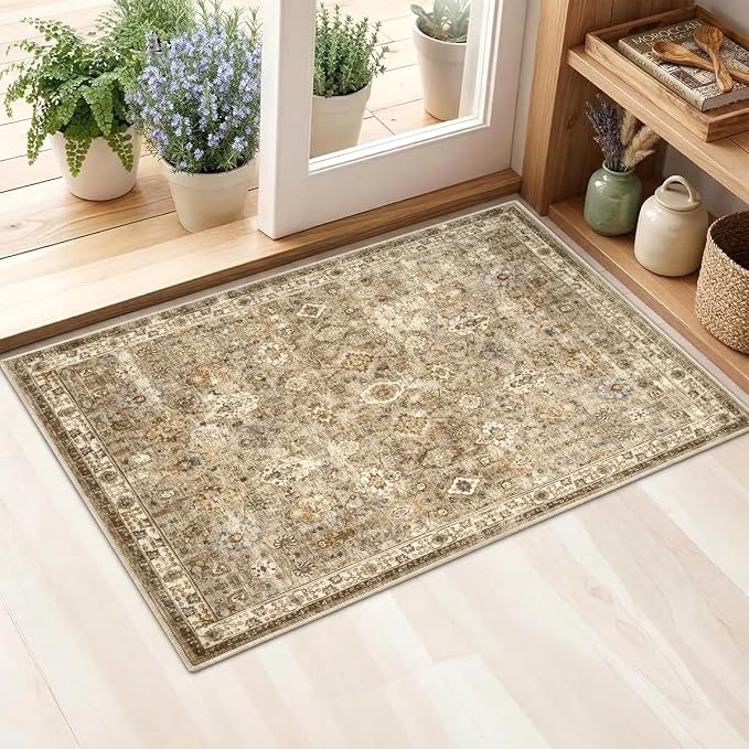 2x3 Rug for Entryway Hallway-Vintage Farmhouse Boho Floral Neutral Washable by Unknown