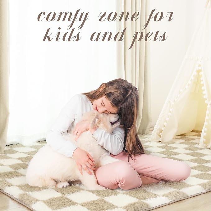 Super Soft Rug for Bedroom, 8x10 Ft Beige and White Area Rug Classic Checkered - Image 7