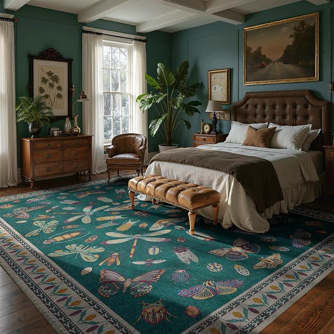 DCX 6x9 Washable Insect Rug, Vintage Gothic Deep Teal Rug - Image 2