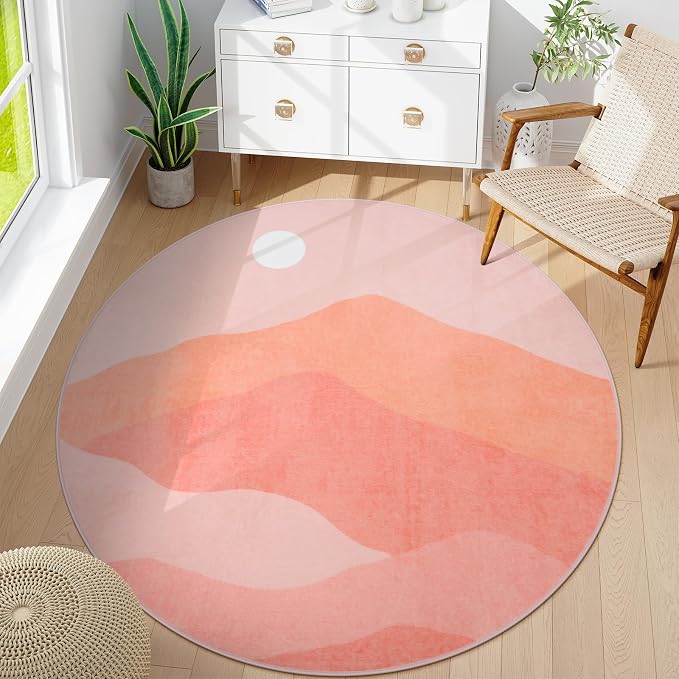 Pink Round Rugs, 4Ft Soft Nursery Rug Non Slip Washable Circle Rug, Modern - Image 7