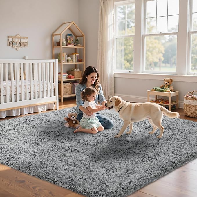 5x7 Area Rug for Living Room:Ultra Soft Fluffy Shag Light Grey Rugs, Large - Image 9