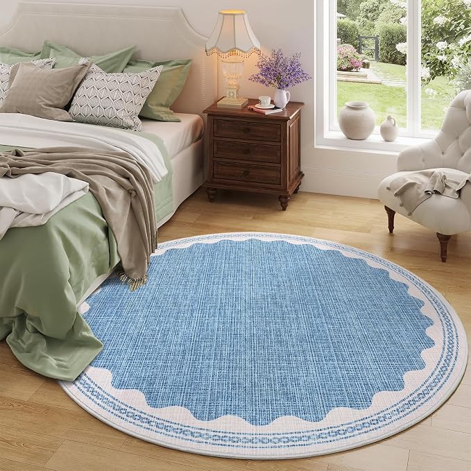 GarveeHome Scalloped Blue 6ft Round Rug Washable Non-Slip Soft Ultra-Thin Small - Image 3