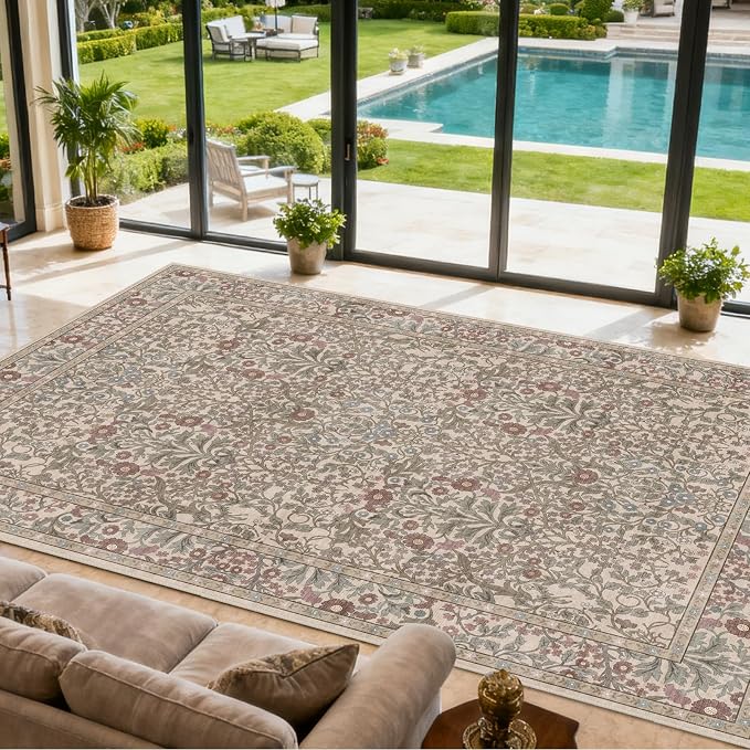 Vintage Moss Living Room Rug, 9x12 Washable Area Rugs - Image 3
