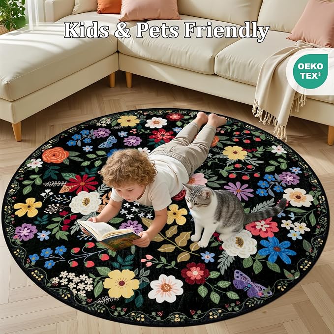 Round Area Rug for Living Room: 4 ft Floral Washable Circle Rug Soft Boho - Image 8